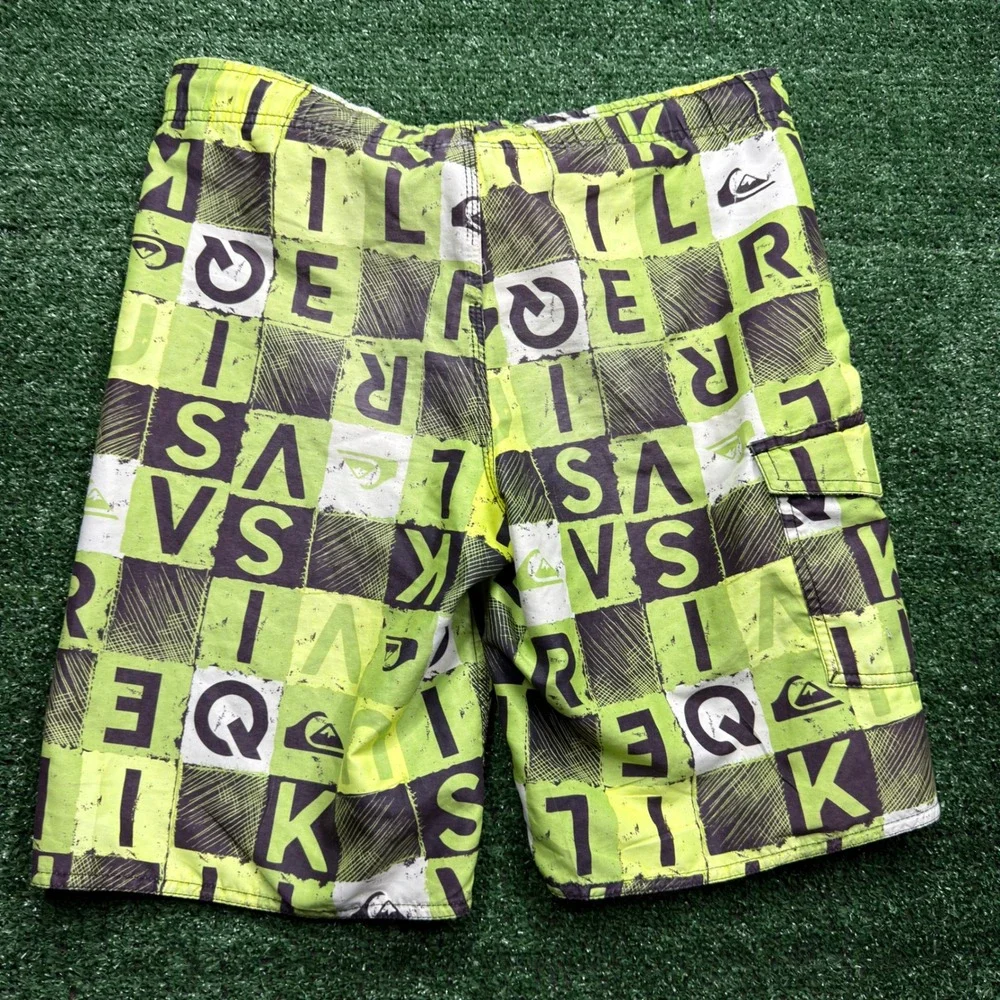 Quiksilver Mens Board Shorts Lime Green Black Checkered Letter Print Size 32